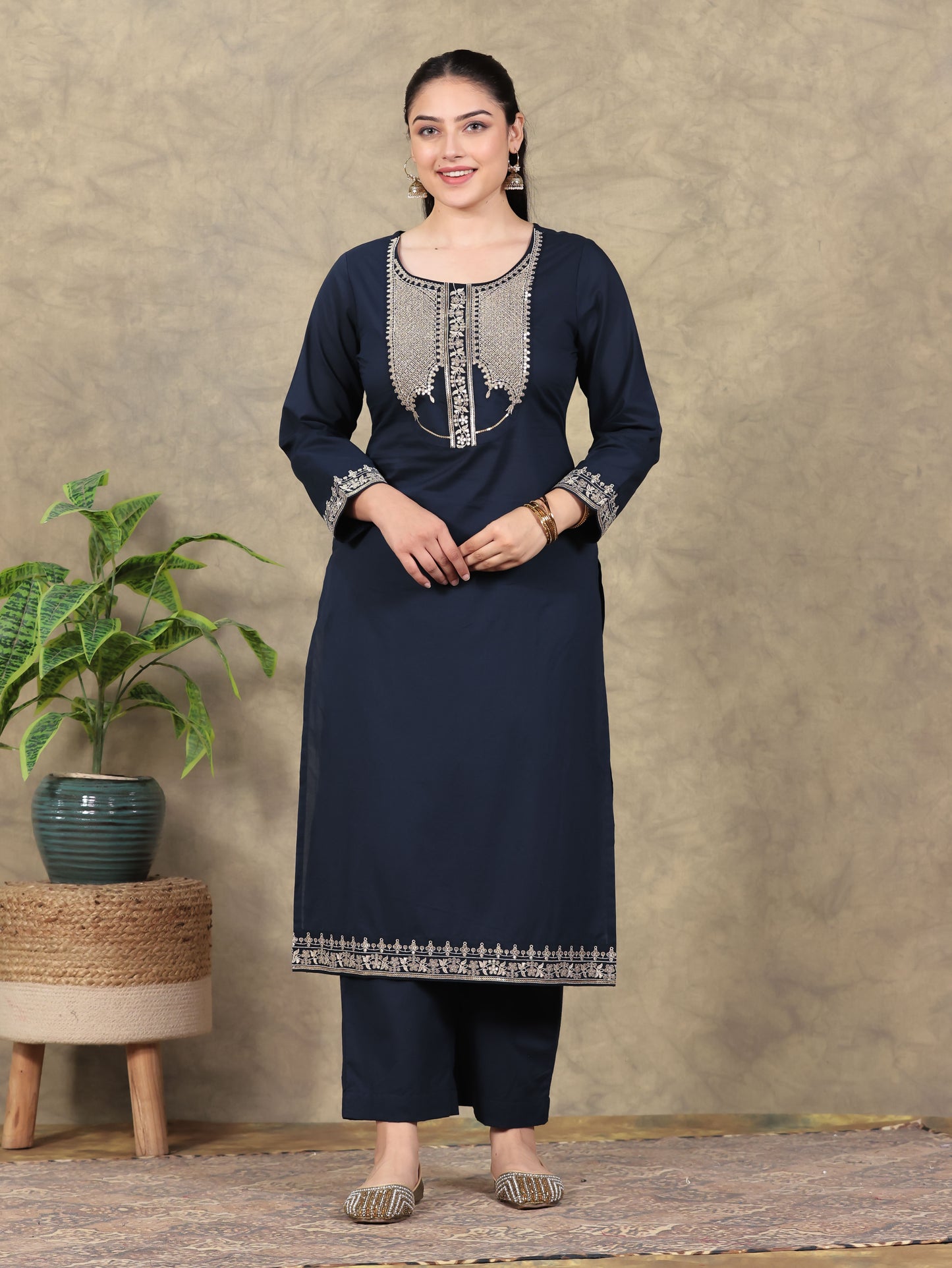 Embroidered Soft Cotton Solid Straight Navy Blue Kurta