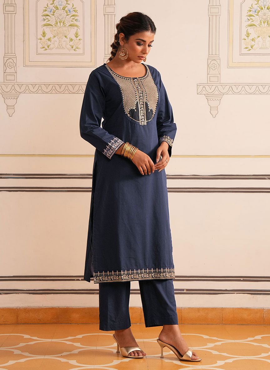 Embroidered Soft Cotton Solid Straight Navy Blue Kurta