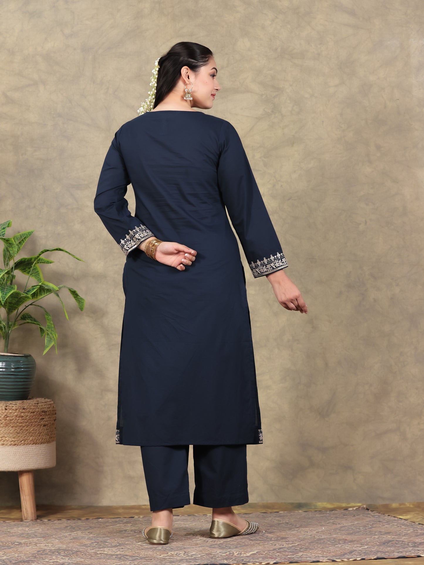 Embroidered Soft Cotton Solid Straight Navy Blue Kurta
