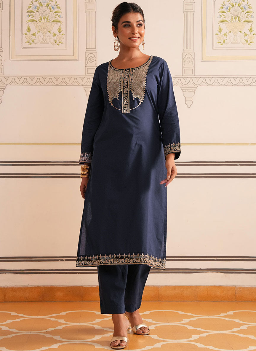 Embroidered Soft Cotton Solid Straight Navy Blue Kurta