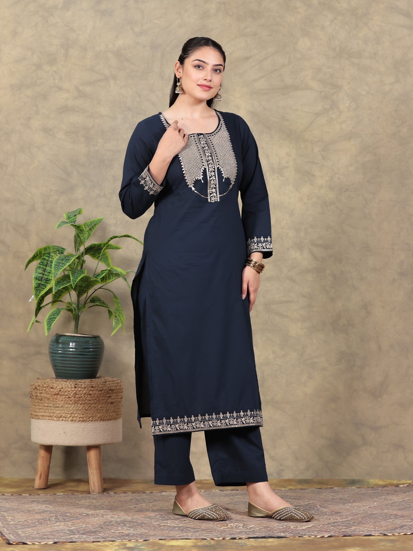 Embroidered Soft Cotton Solid Straight Navy Blue Kurta