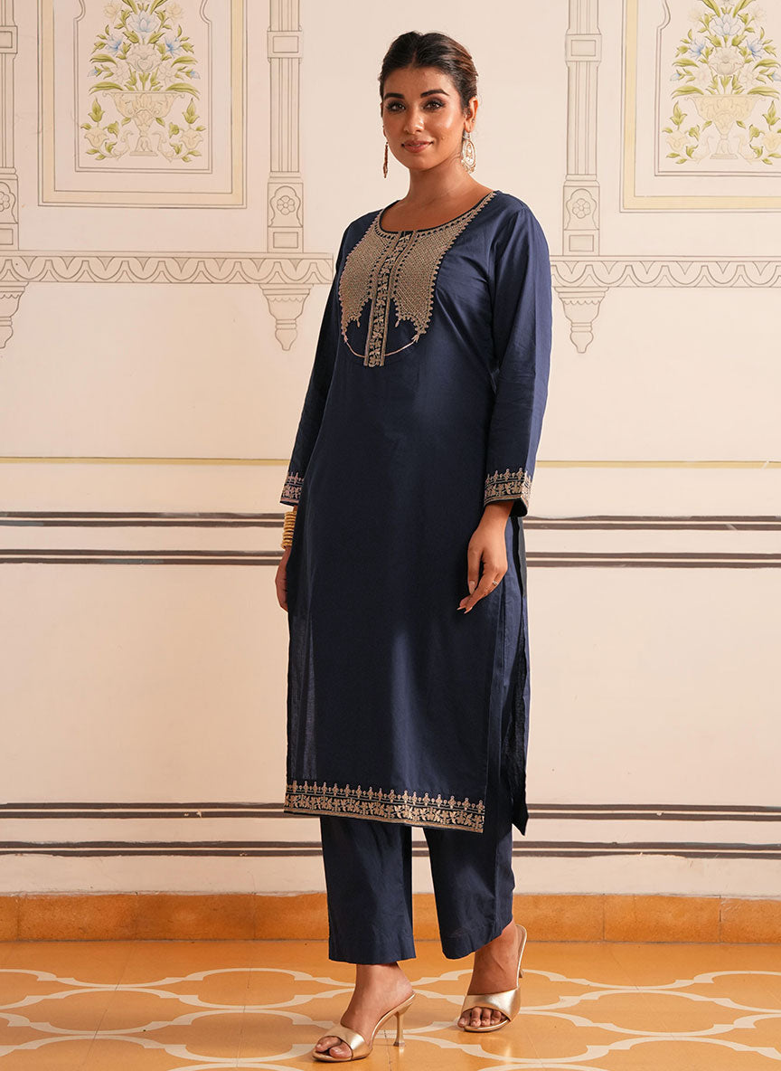 Embroidered Soft Cotton Solid Straight Navy Blue Kurta