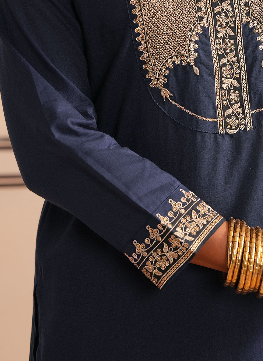 Embroidered Soft Cotton Solid Straight Navy Blue Kurta