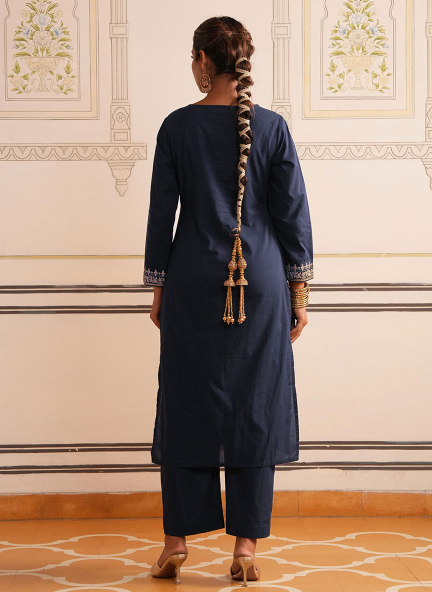 Embroidered Soft Cotton Solid Straight Navy Blue Kurta