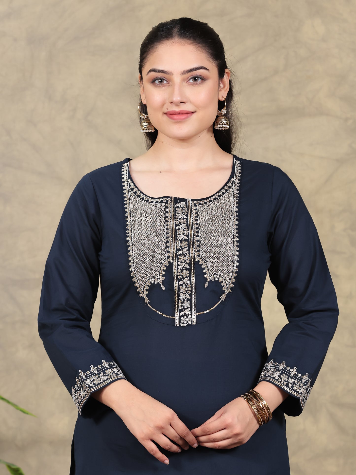 Embroidered Soft Cotton Solid Straight Navy Blue Kurta