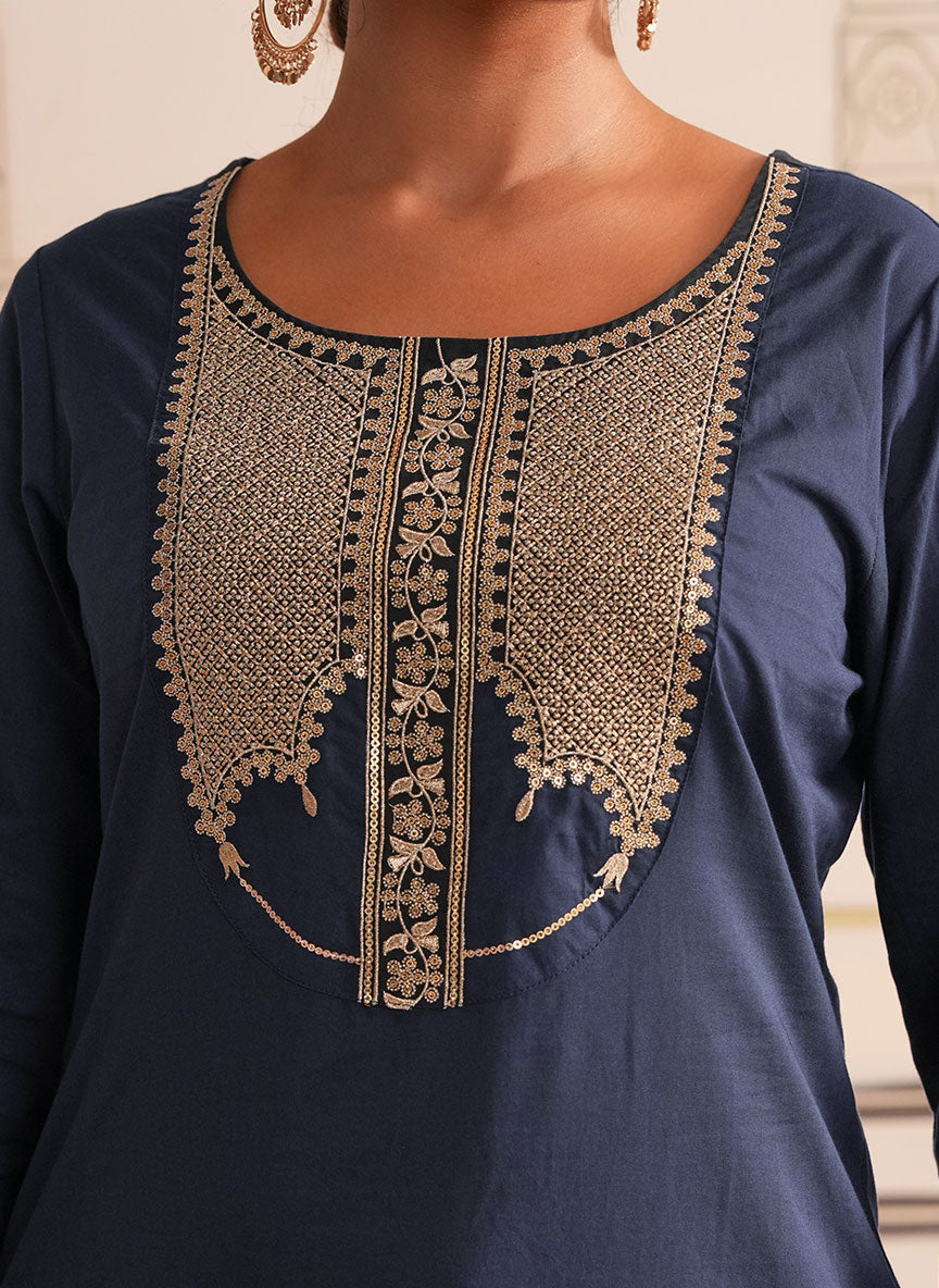 Embroidered Soft Cotton Solid Straight Navy Blue Kurta