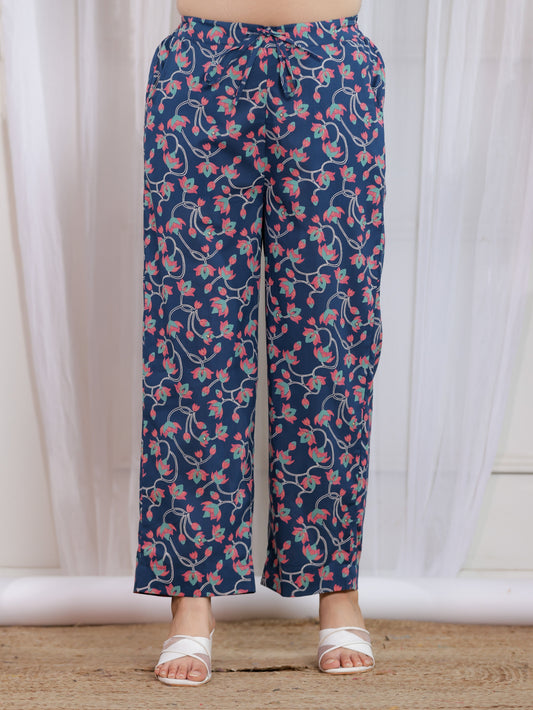 Soft Cotton Floral Teal Straight Straight Trousers