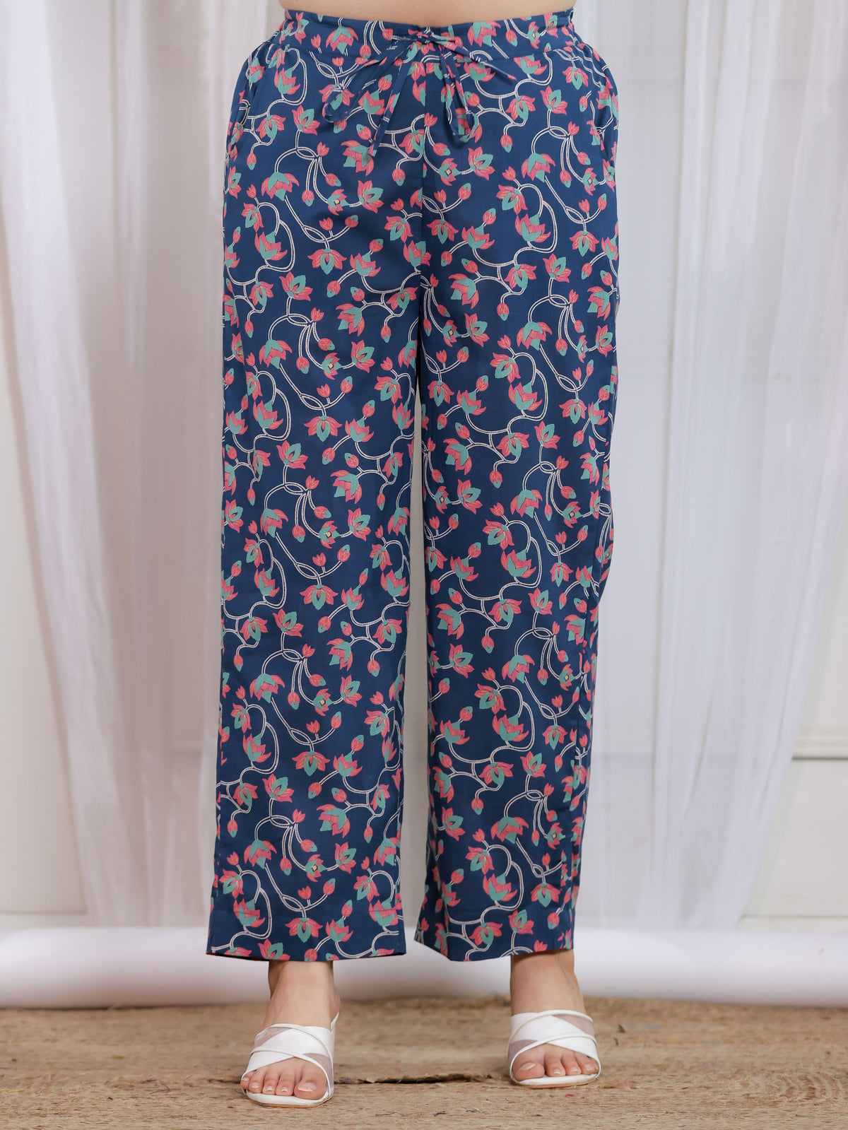 Soft Cotton Floral Teal Straight Straight Trousers
