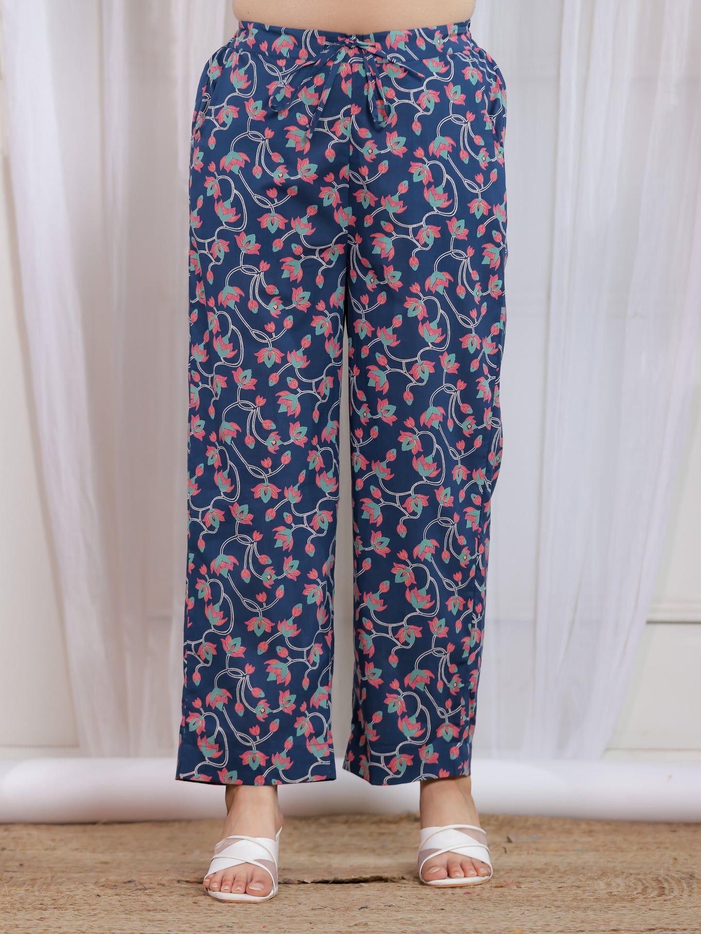 Soft Cotton Floral Teal Straight Straight Trousers