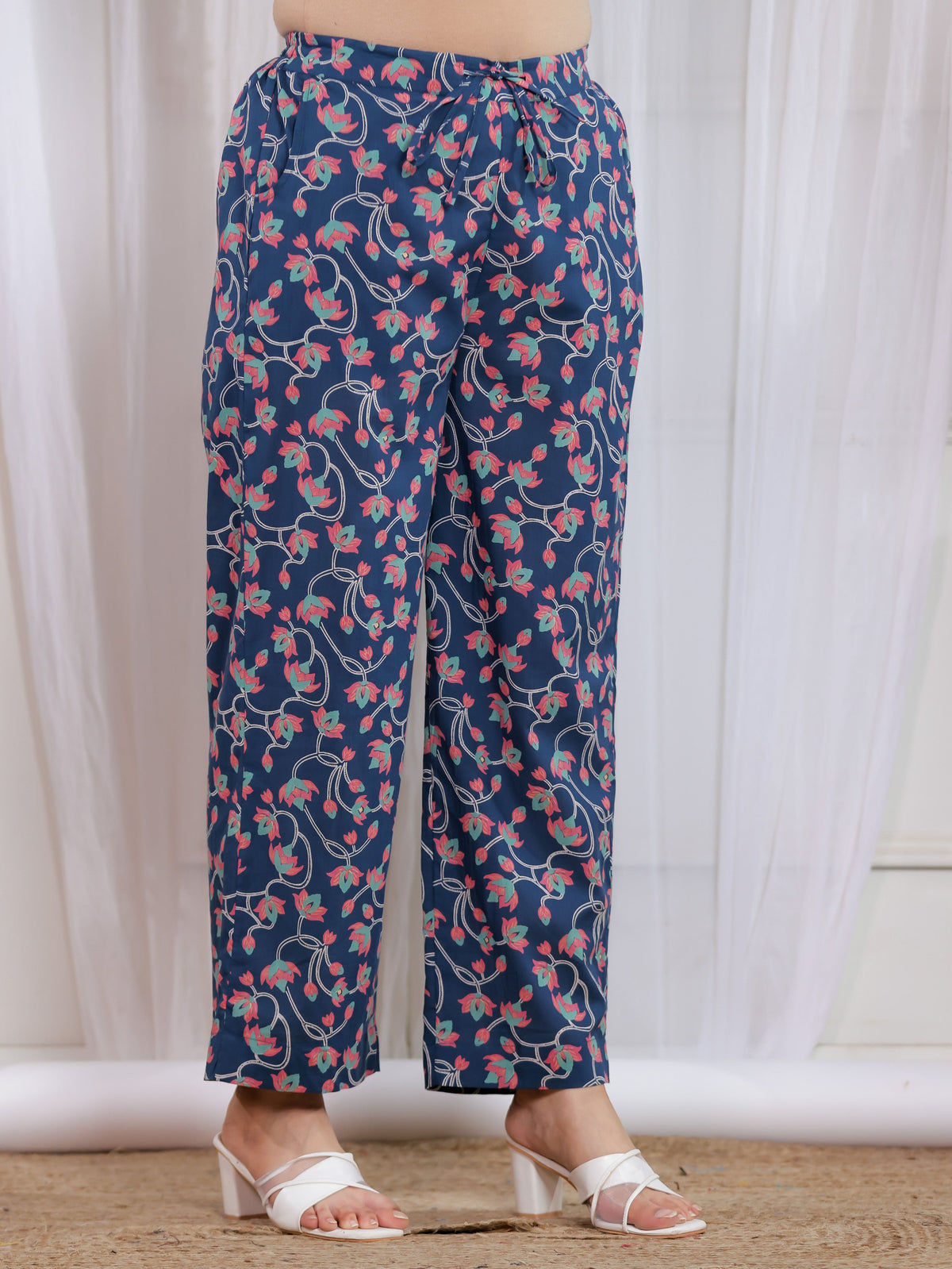 Soft Cotton Floral Teal Straight Straight Trousers