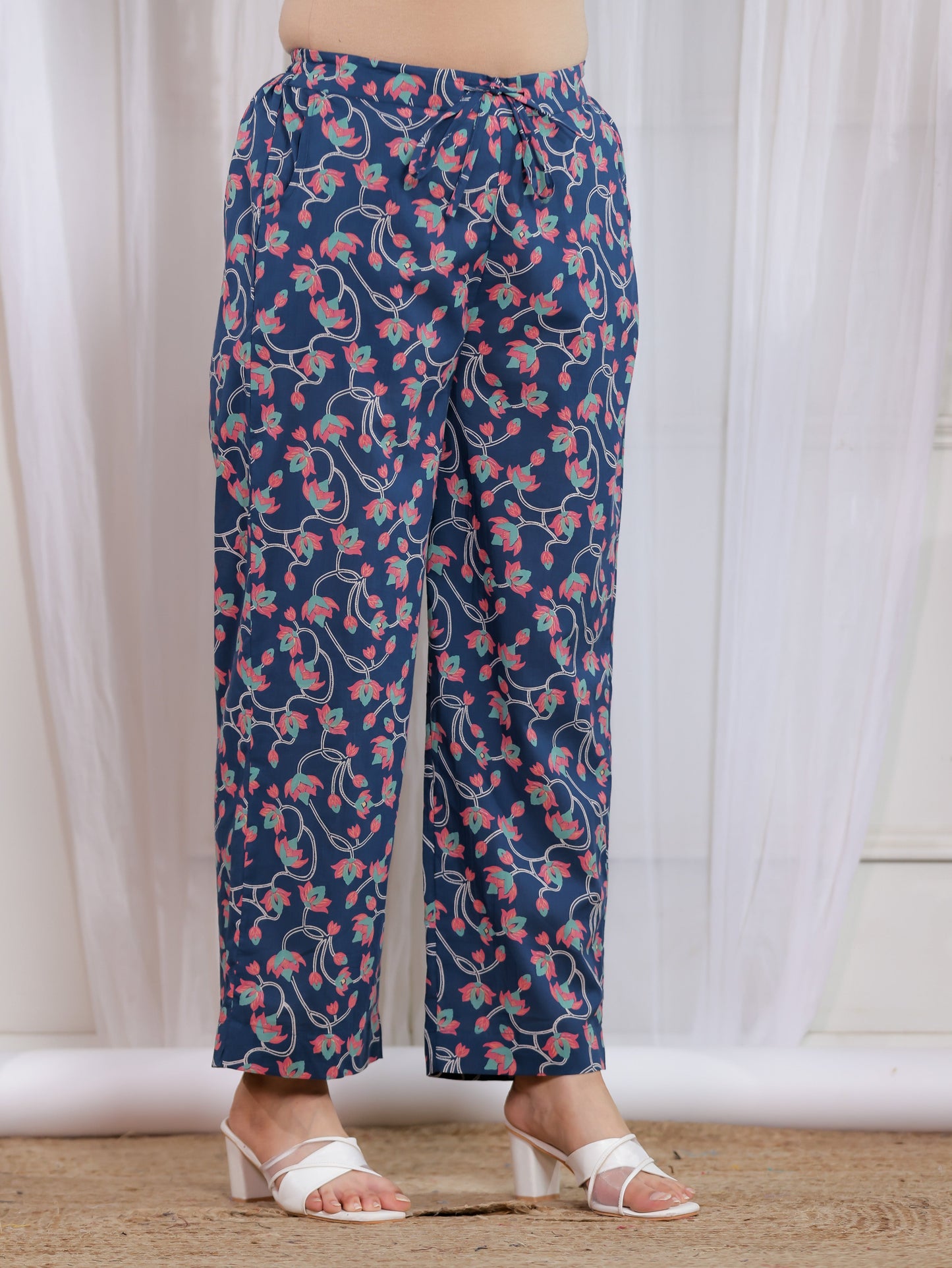 Soft Cotton Floral Teal Straight Straight Trousers