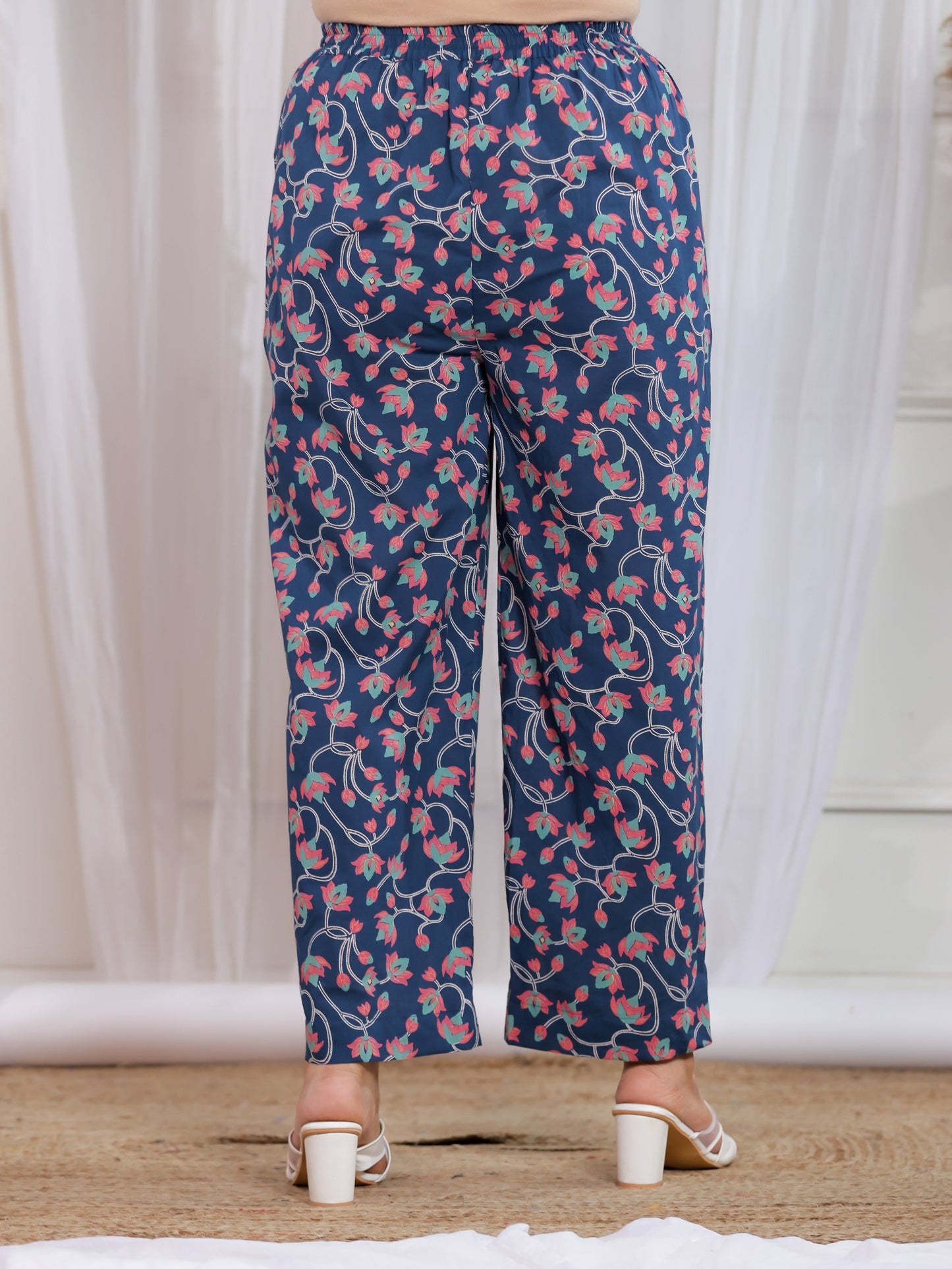 Soft Cotton Floral Teal Straight Straight Trousers