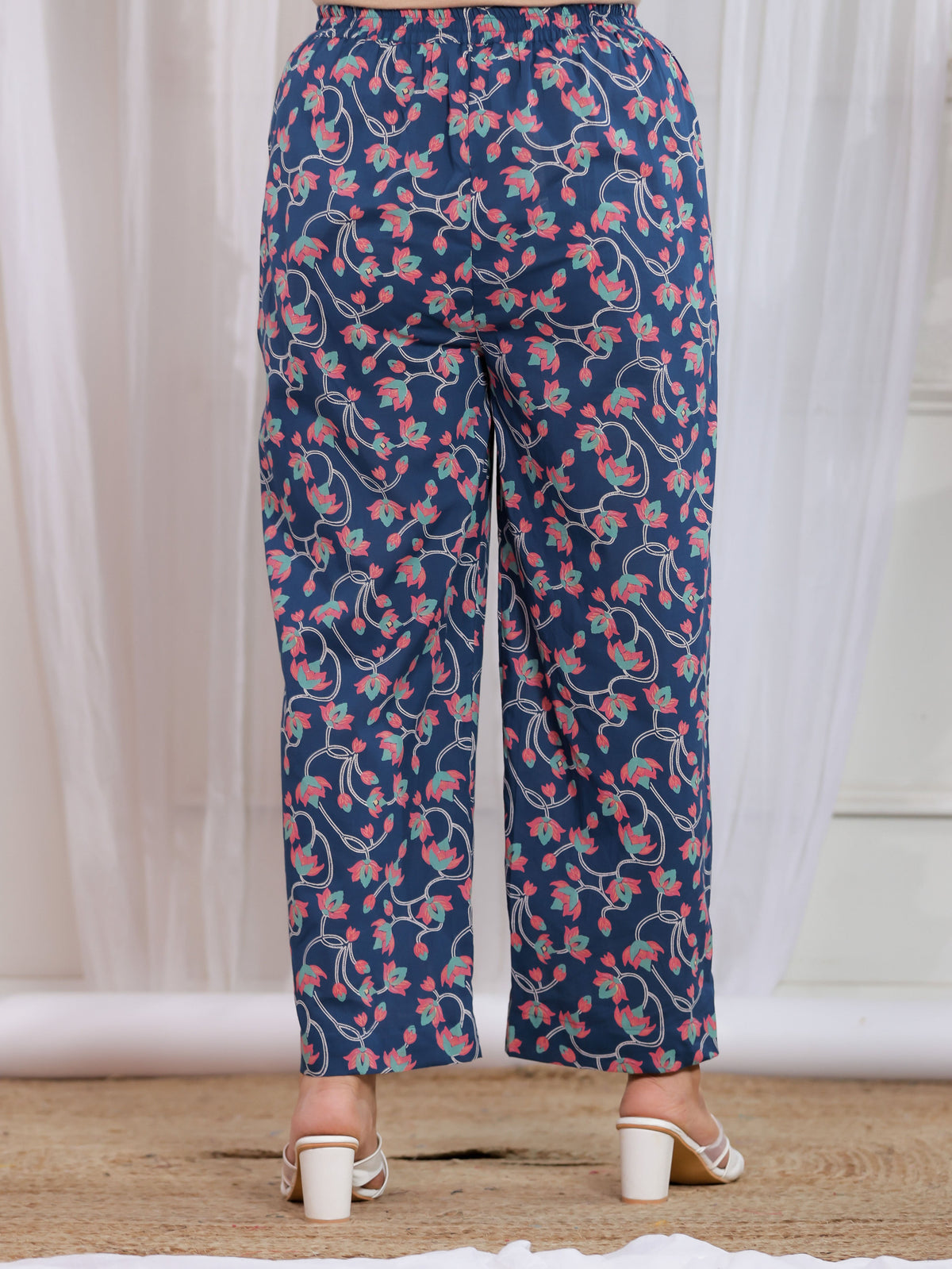 Soft Cotton Floral Teal Straight Straight Trousers