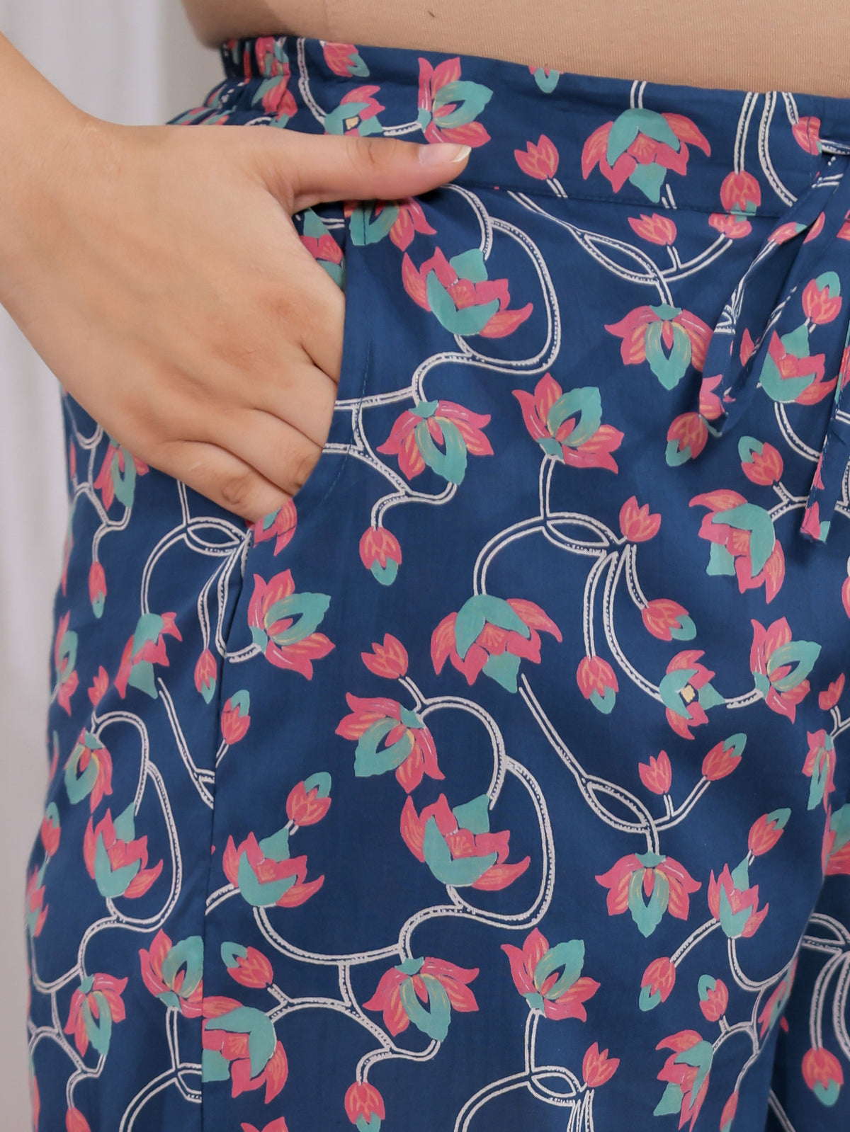 Soft Cotton Floral Teal Straight Straight Trousers