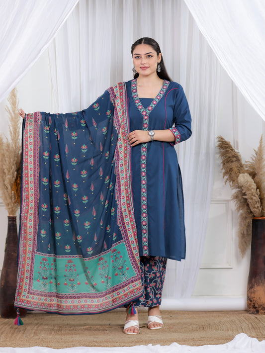 Cotton Voile Floral Teal Dupatta