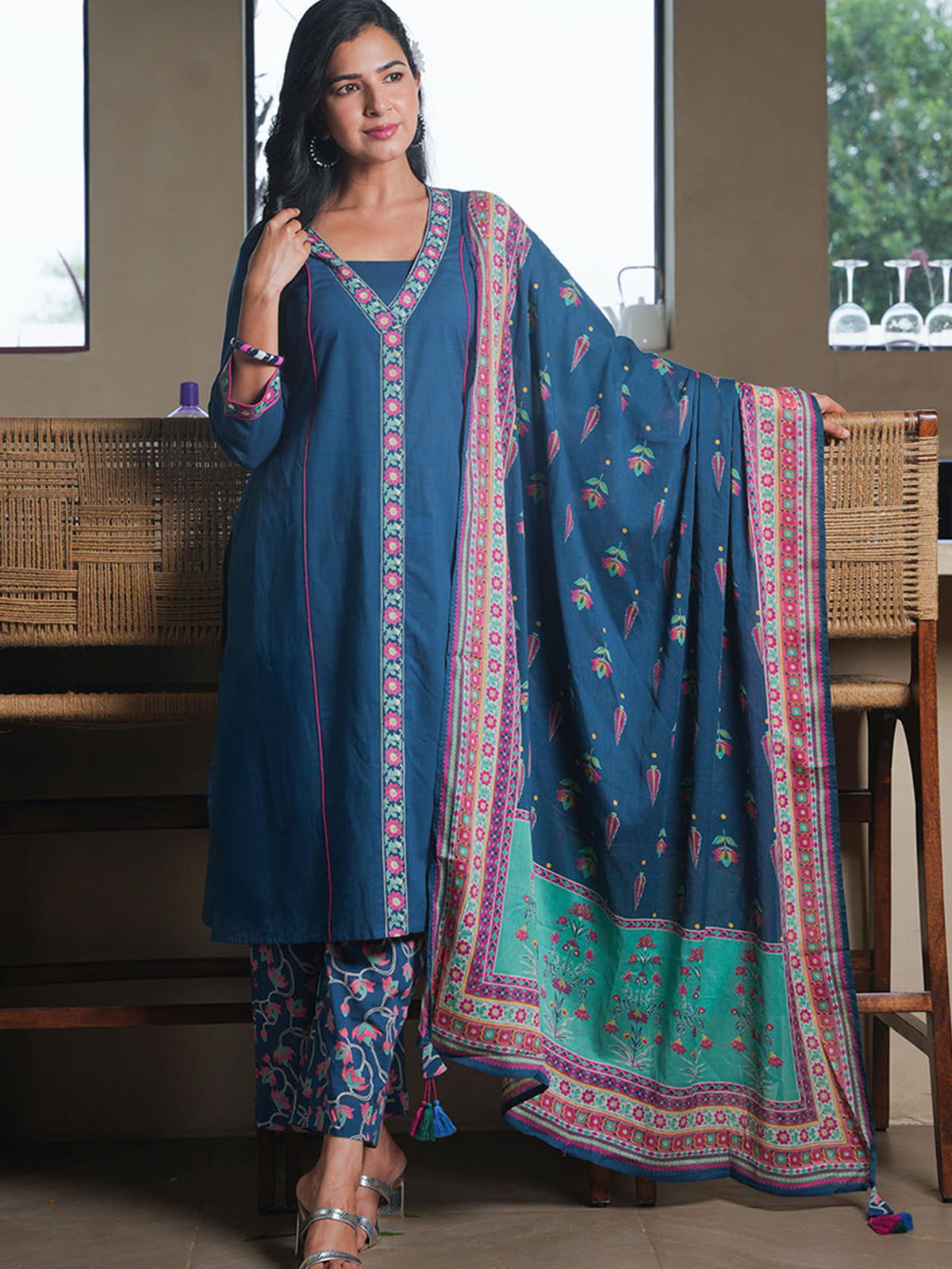 Cotton Voile Floral Teal Dupatta