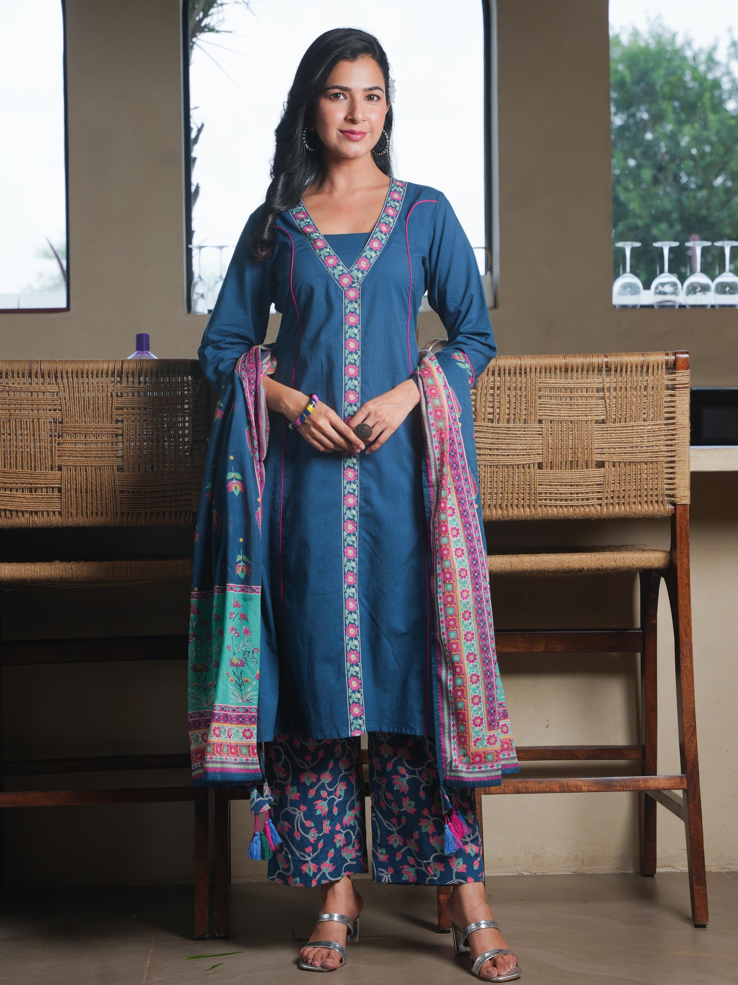 Cotton Voile Floral Teal Dupatta