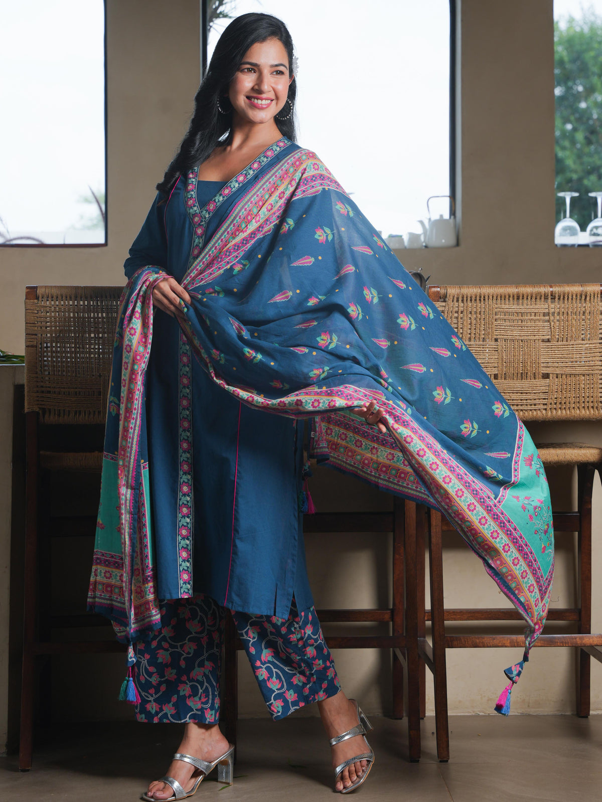 Cotton Voile Floral Teal Dupatta