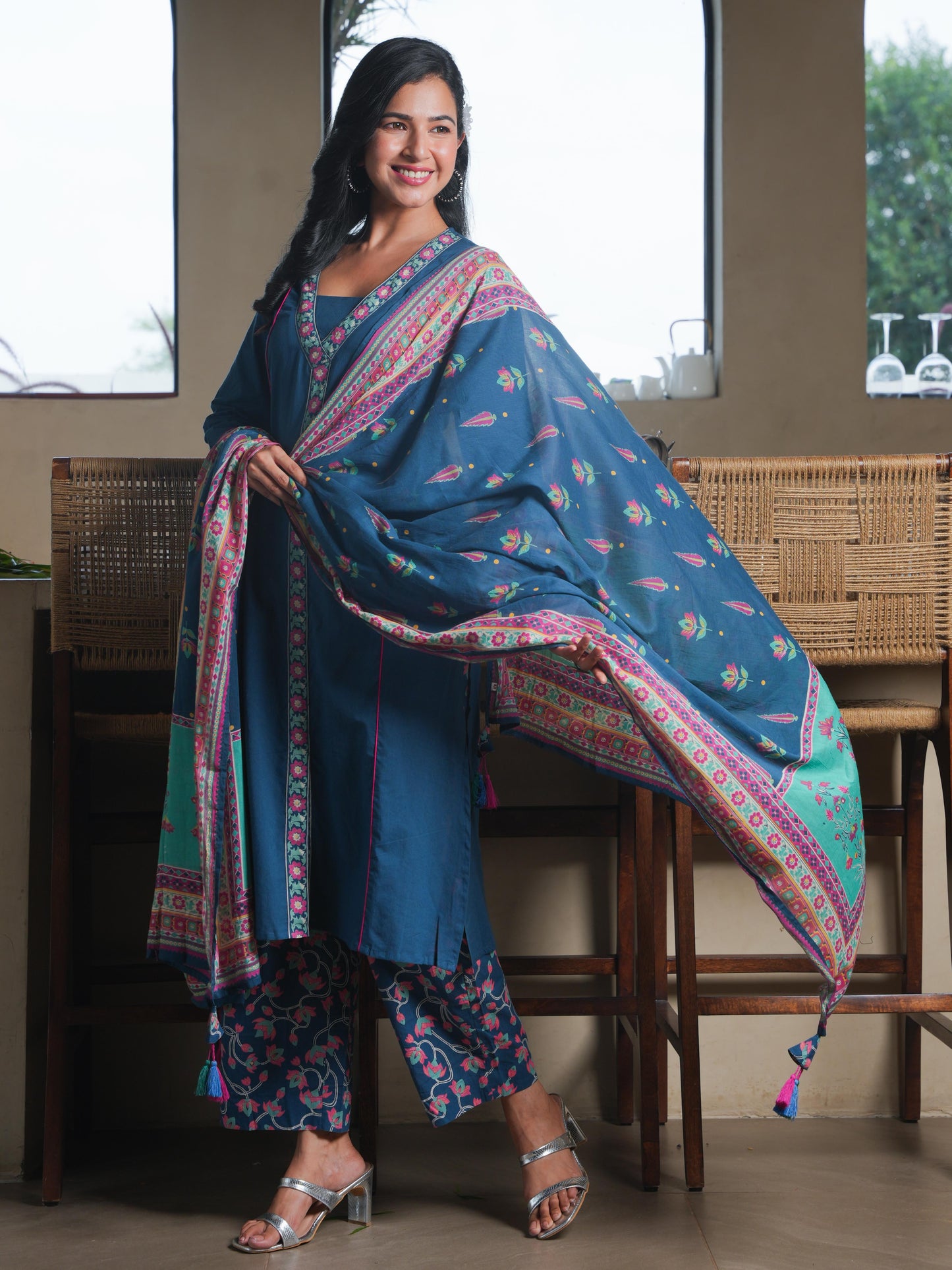 Cotton Voile Floral Teal Dupatta