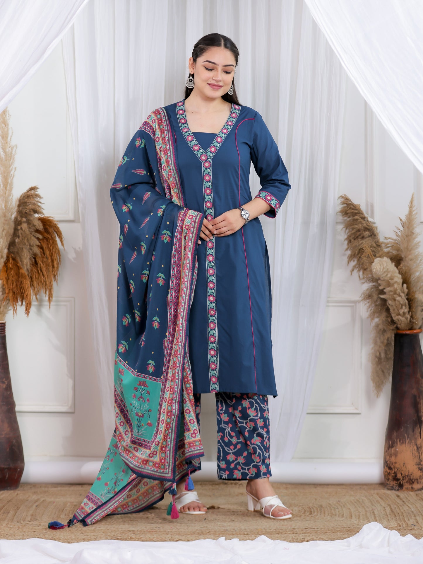 Cotton Voile Floral Teal Dupatta