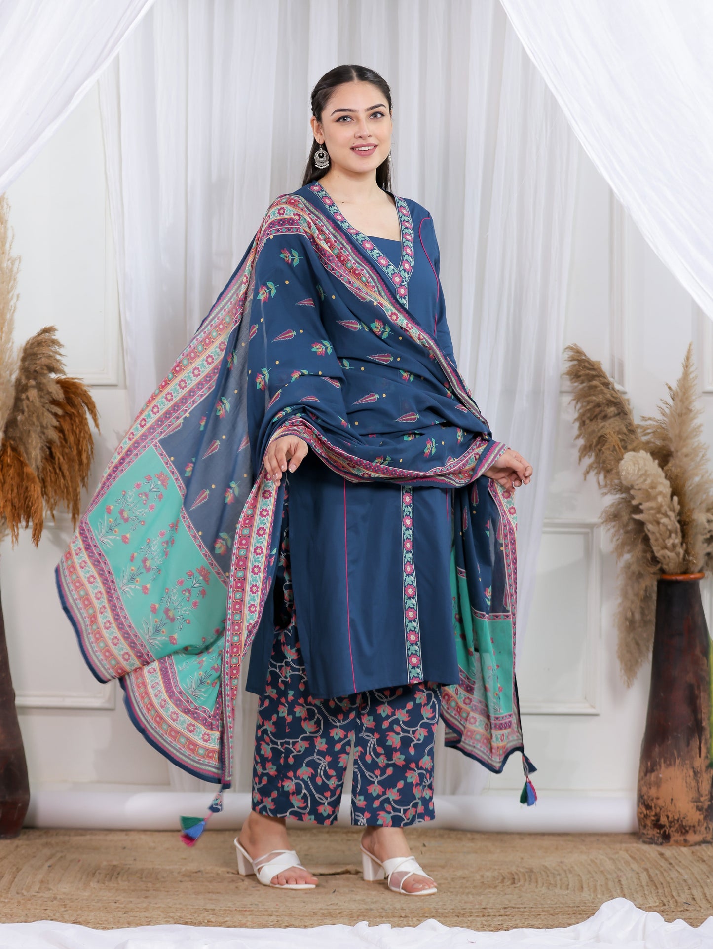 Cotton Voile Floral Teal Dupatta