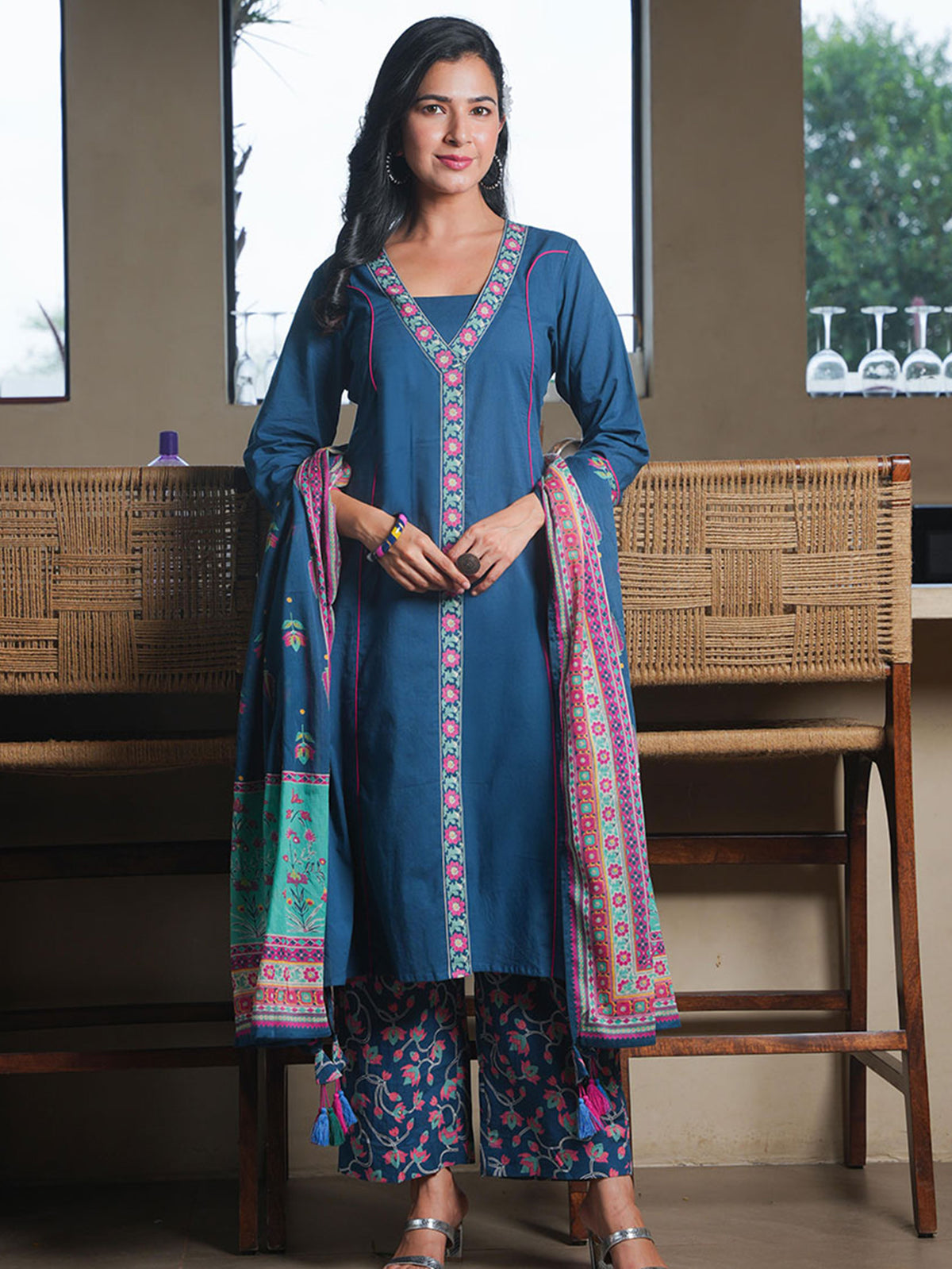 Cotton Voile Floral Teal Dupatta