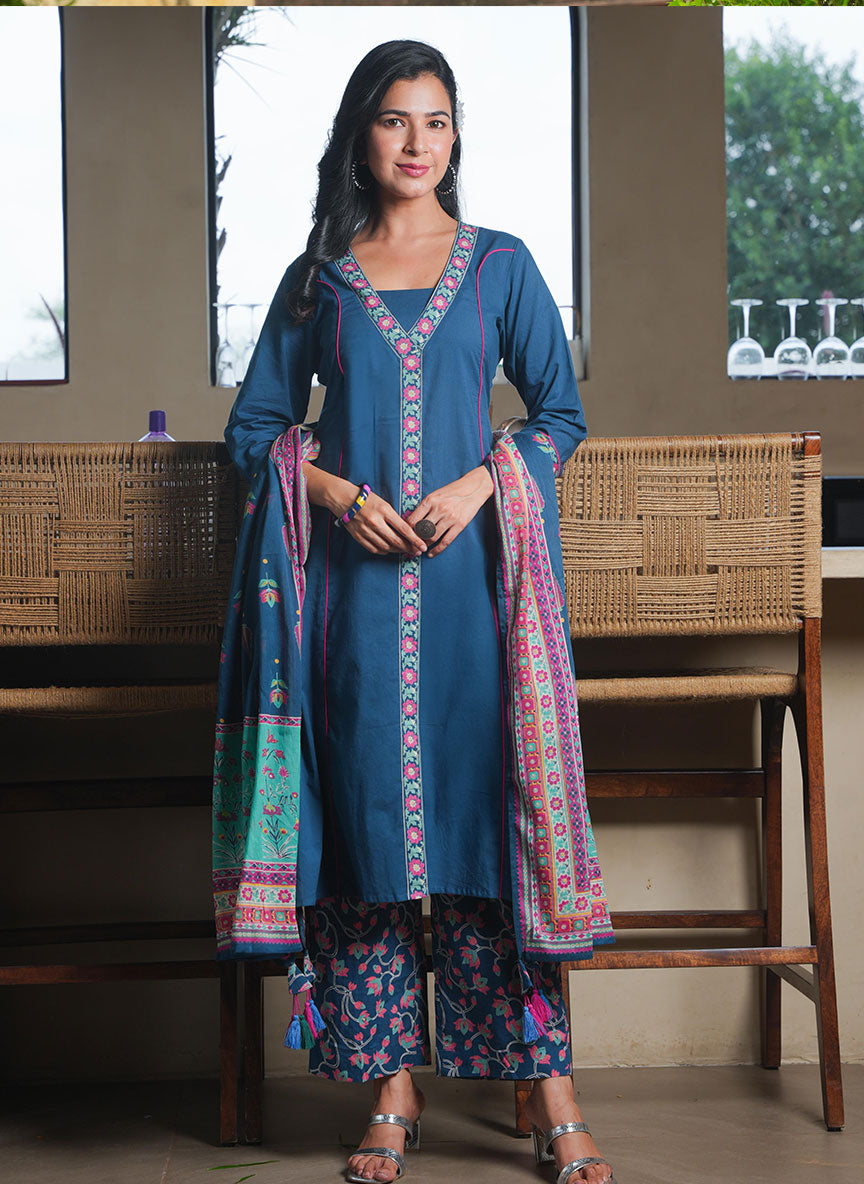 Soft Cotton Solid A-line Teal Kurta