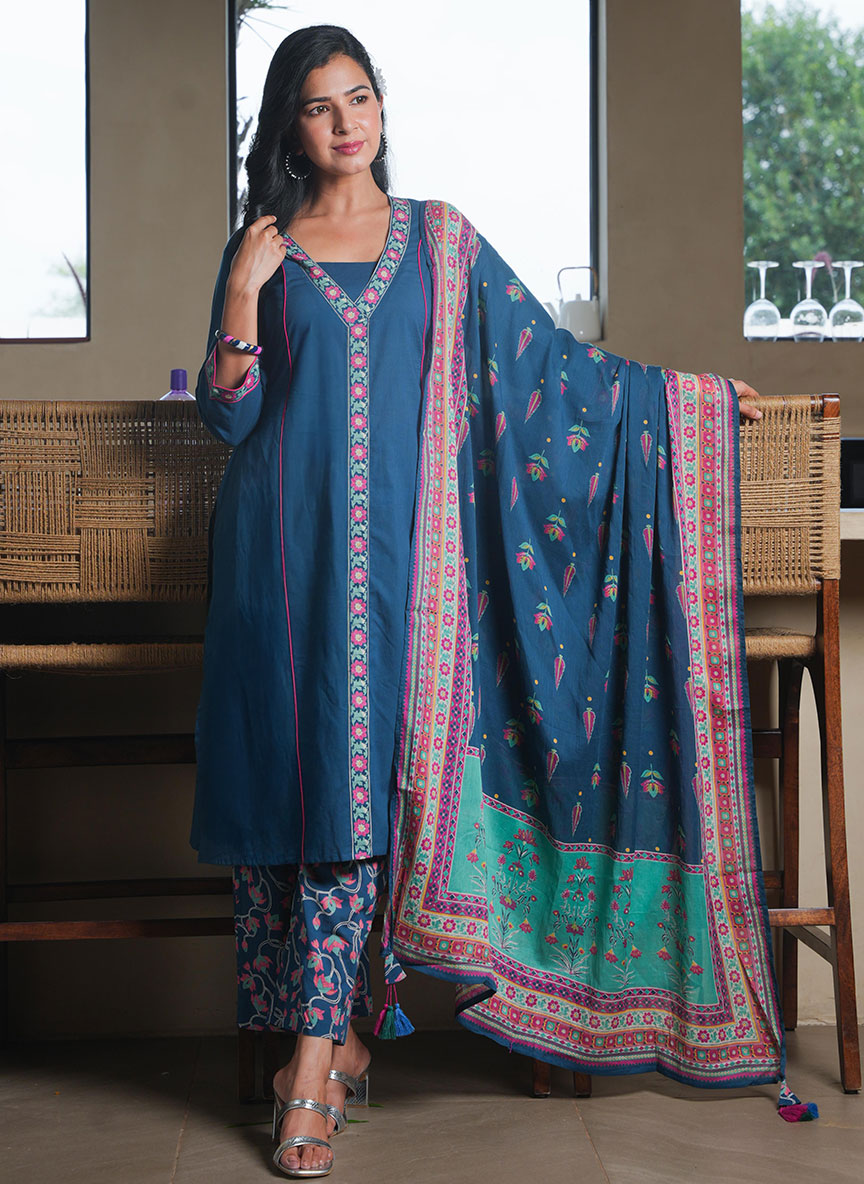 Soft Cotton Solid A-line Teal Kurta