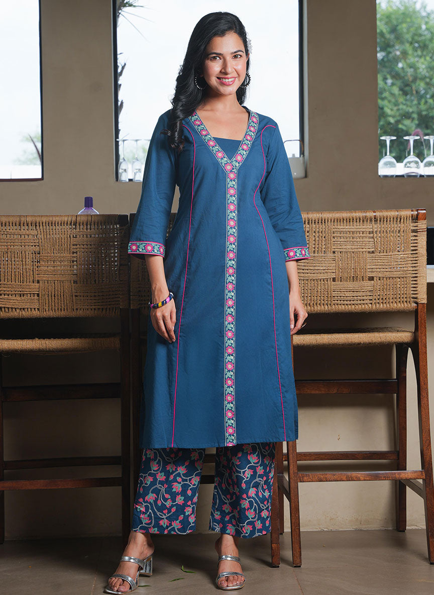 Soft Cotton Solid A-line Teal Kurta