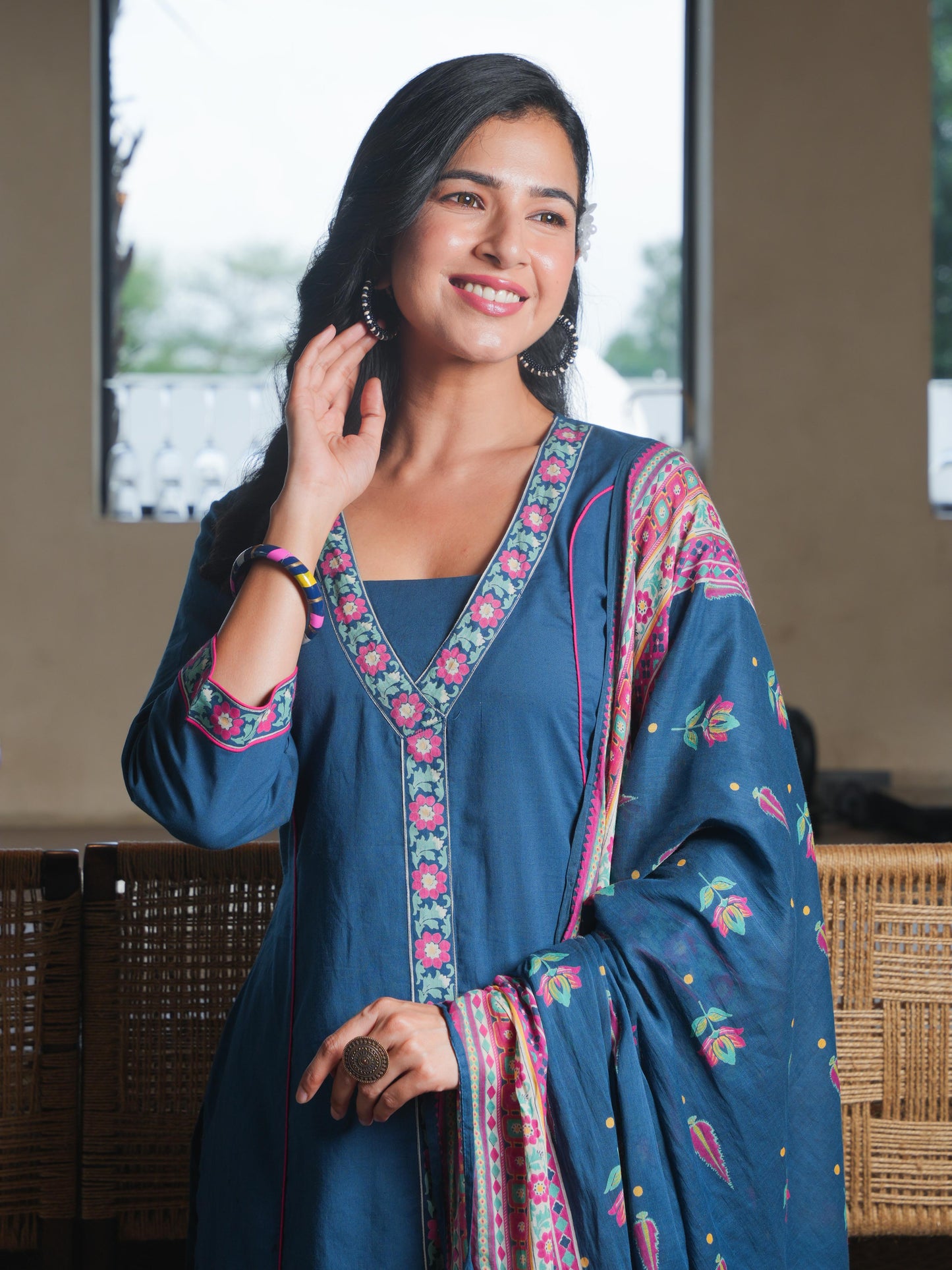 Soft Cotton Solid A-line Teal Kurta