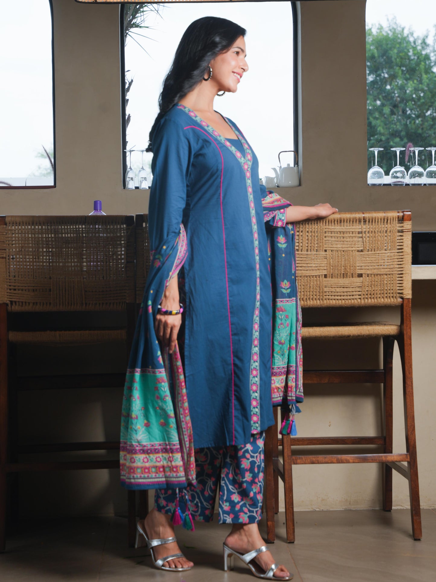Soft Cotton Solid A-line Teal Kurta