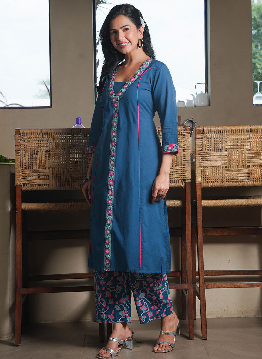 Soft Cotton Solid A-line Teal Kurta