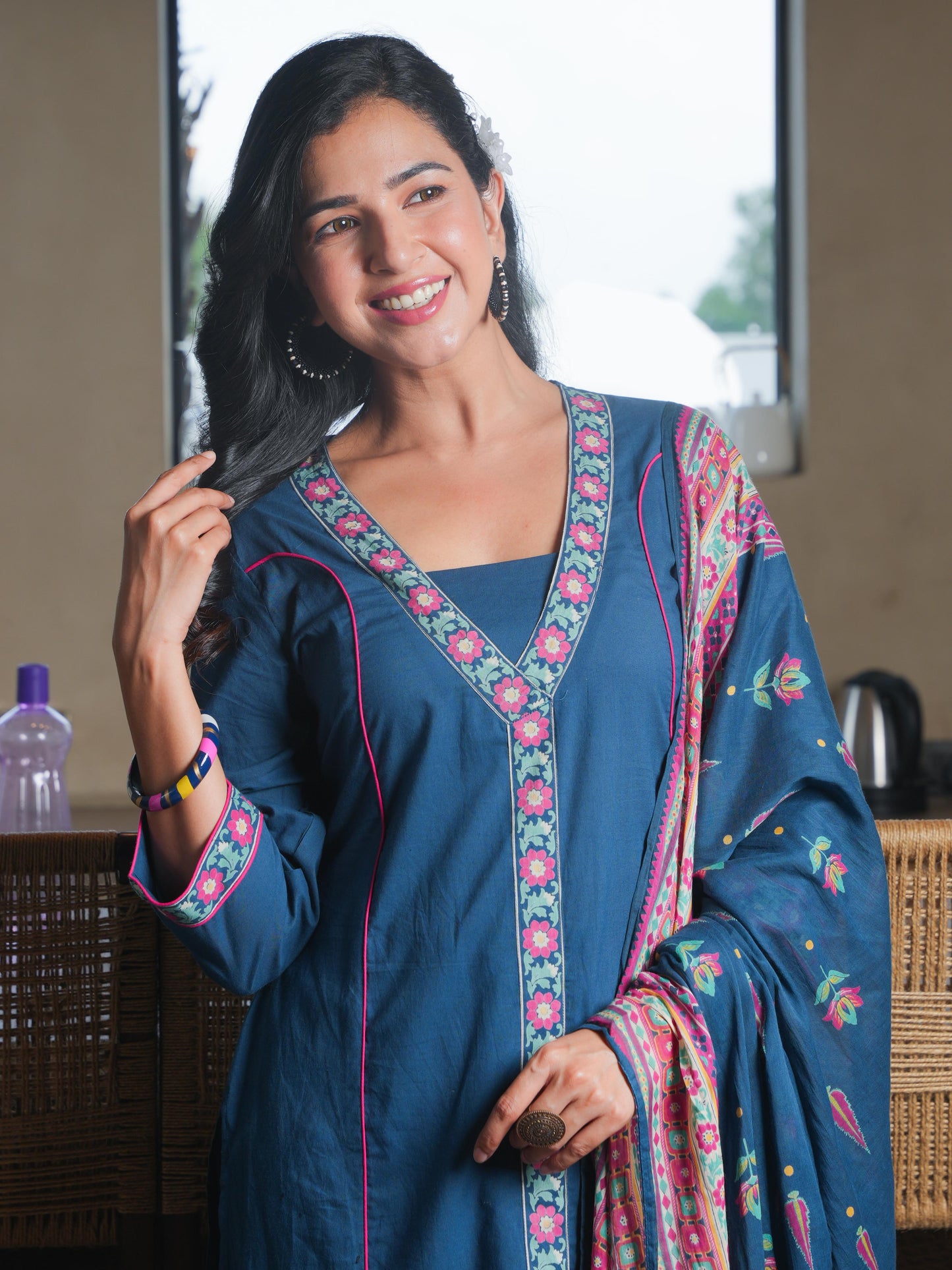Soft Cotton Solid A-line Teal Kurta