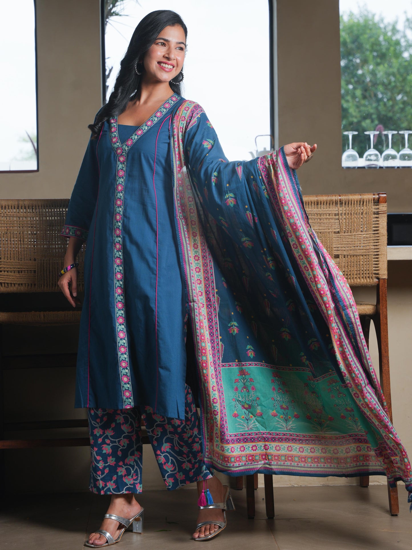 Soft Cotton Solid A-line Teal Kurta