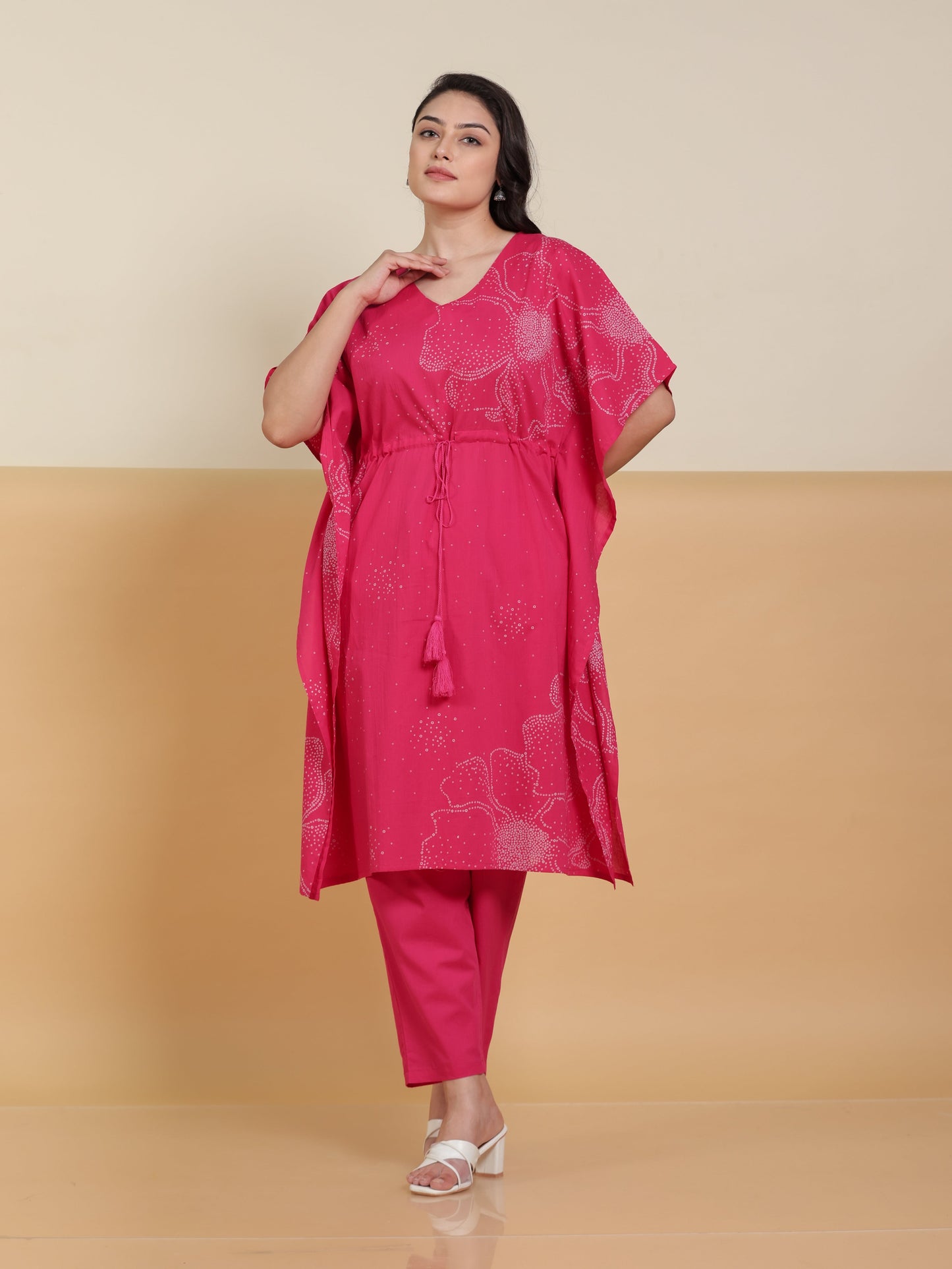 Soft Cotton Floral Placement Print Kaftan Pink Kurta