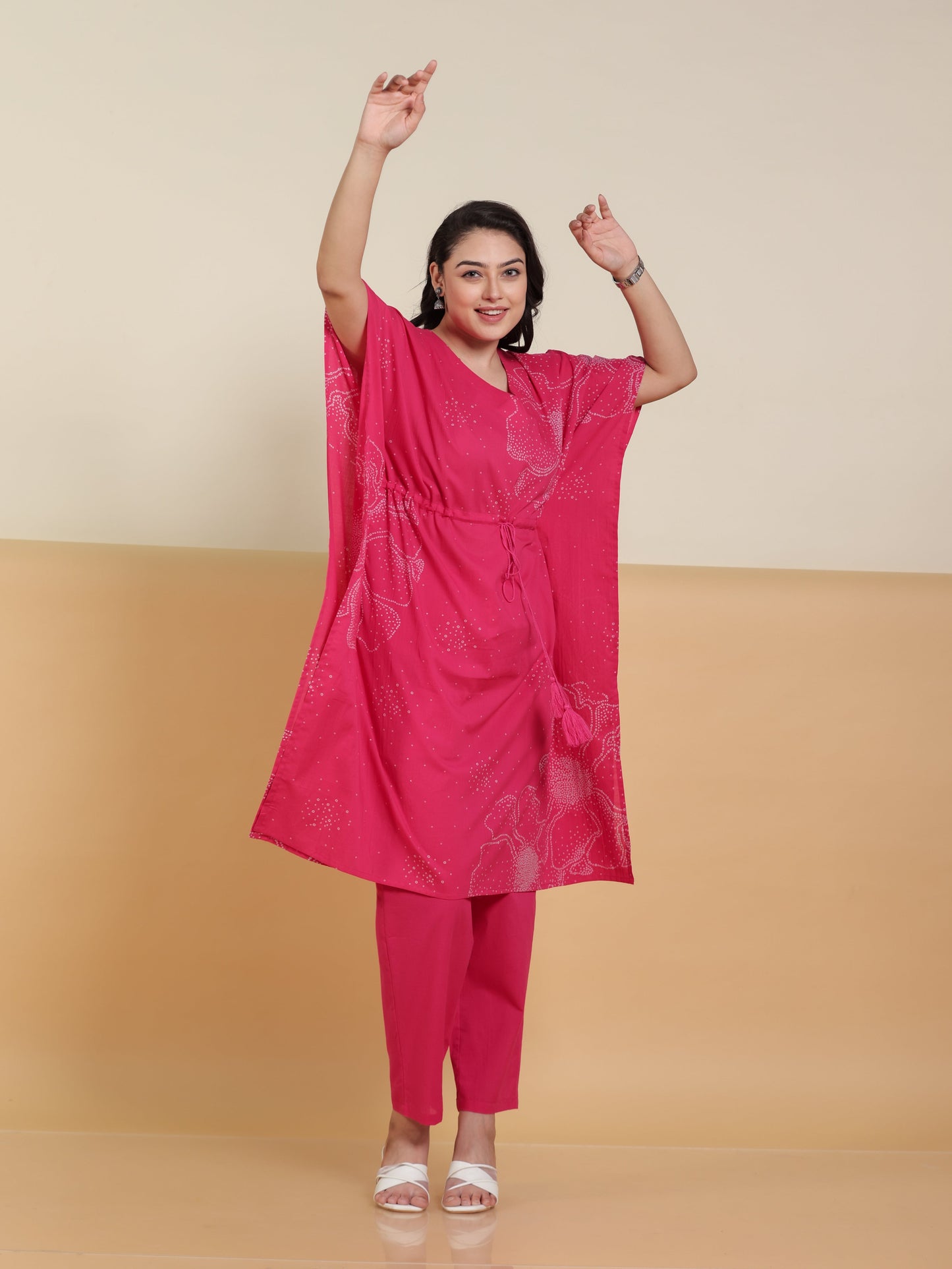 Soft Cotton Floral Placement Print Kaftan Pink Kurta