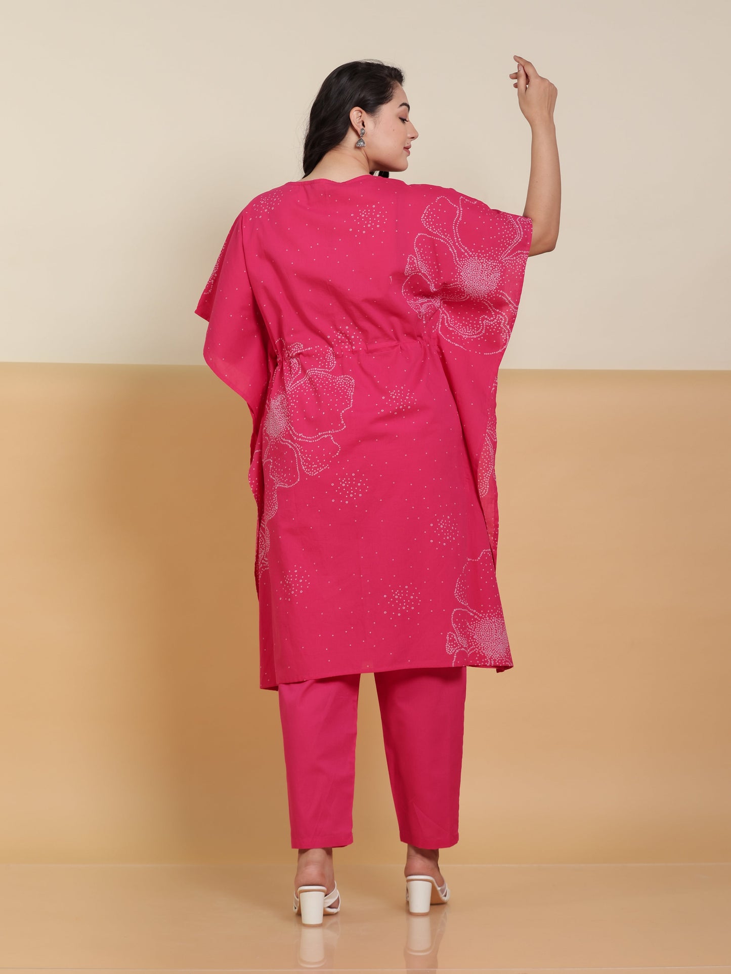 Soft Cotton Floral Placement Print Kaftan Pink Kurta