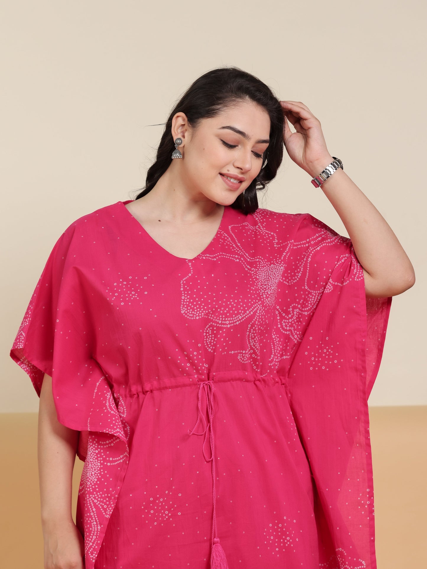 Soft Cotton Floral Placement Print Kaftan Pink Kurta