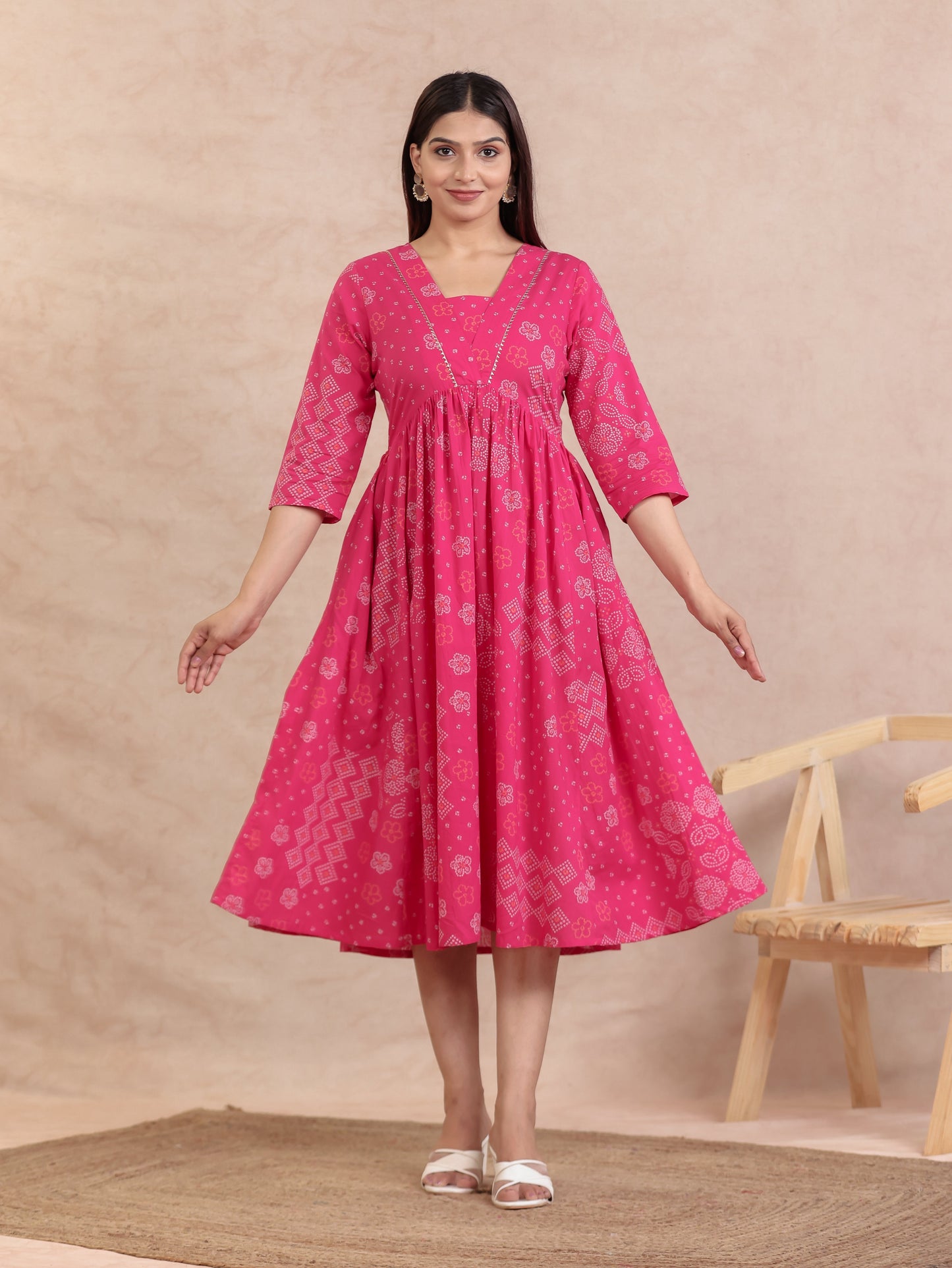 Soft Cotton Bandhani Anarkali Pink Dress