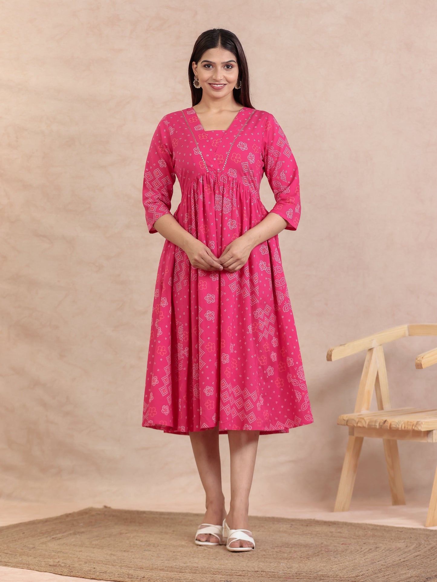 Soft Cotton Bandhani Anarkali Pink Dress