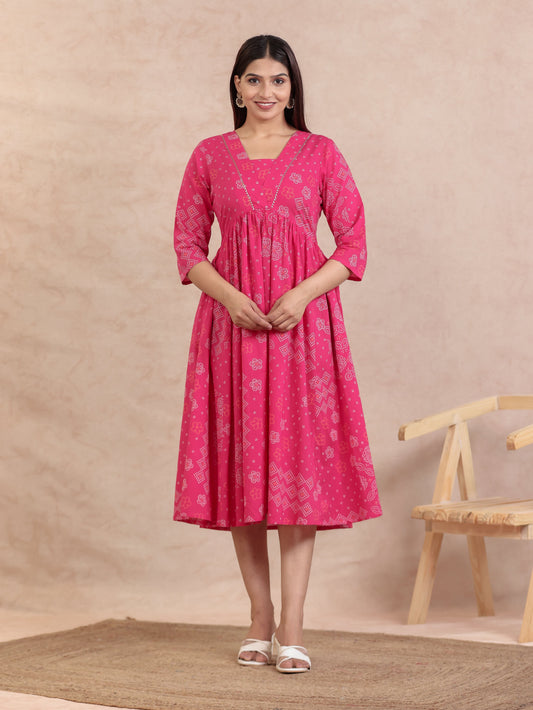 Soft Cotton Bandhani Anarkali Pink Dress