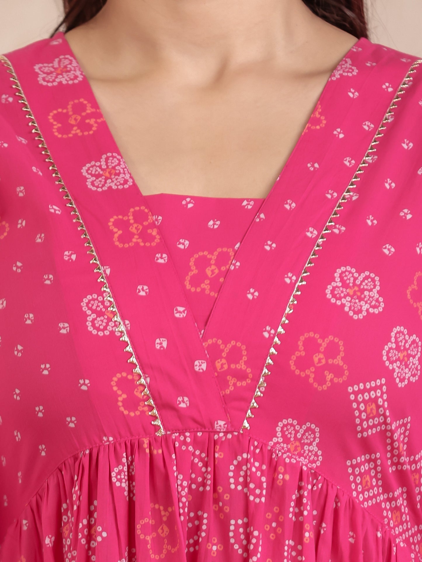 Soft Cotton Bandhani Anarkali Pink Dress