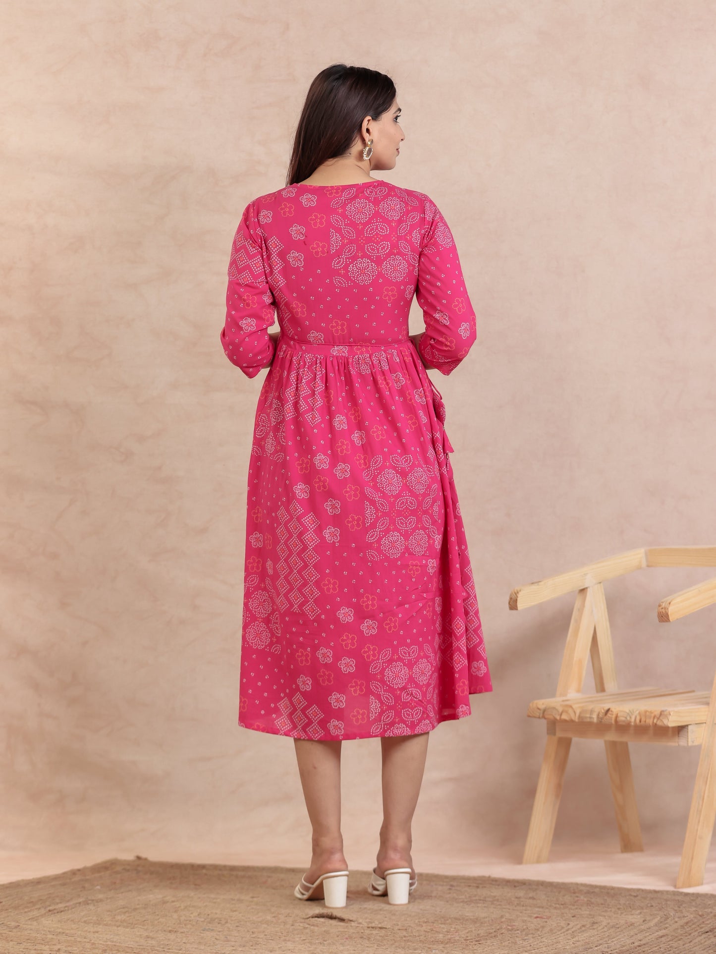 Soft Cotton Bandhani Anarkali Pink Dress