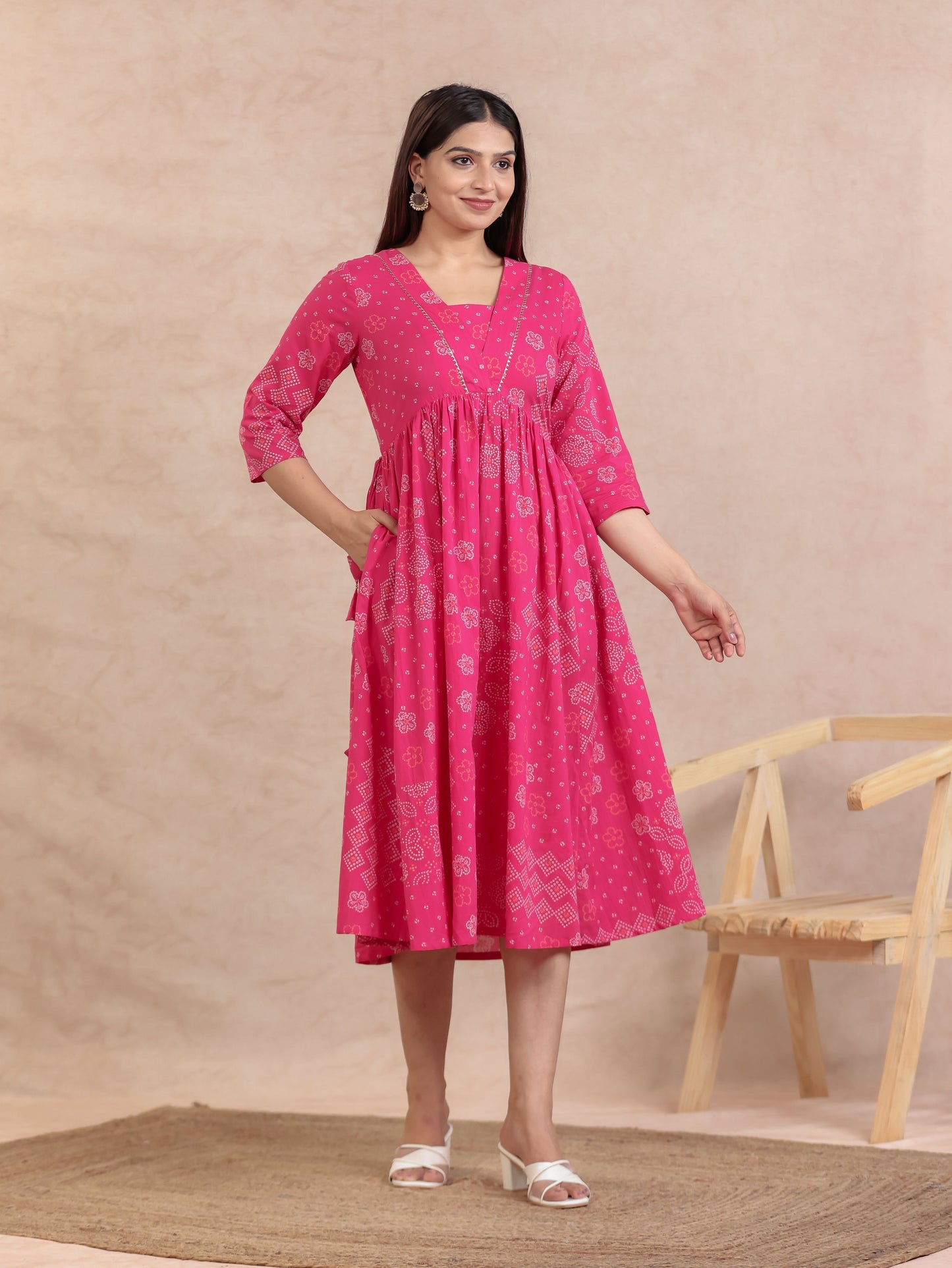 Soft Cotton Bandhani Anarkali Pink Dress