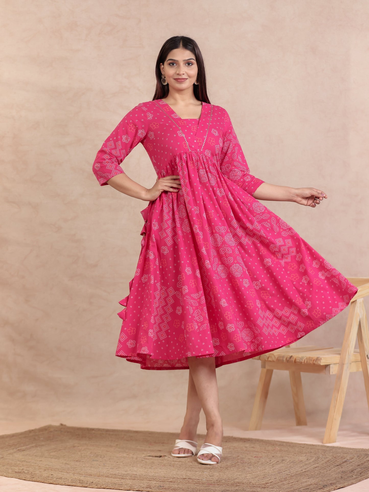Soft Cotton Bandhani Anarkali Pink Dress
