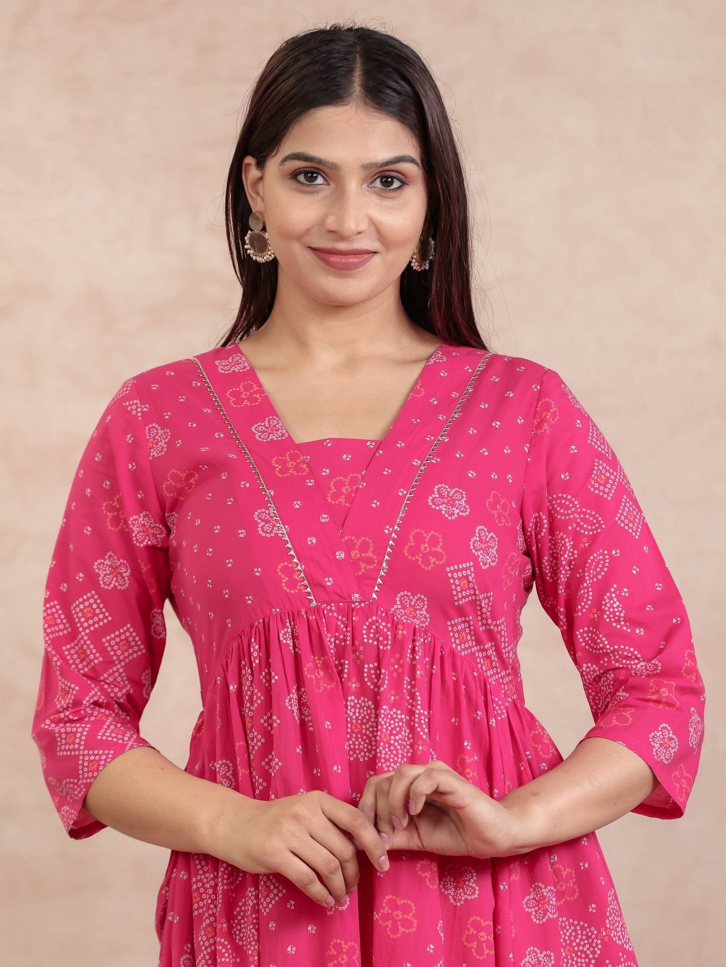 Soft Cotton Bandhani Anarkali Pink Dress