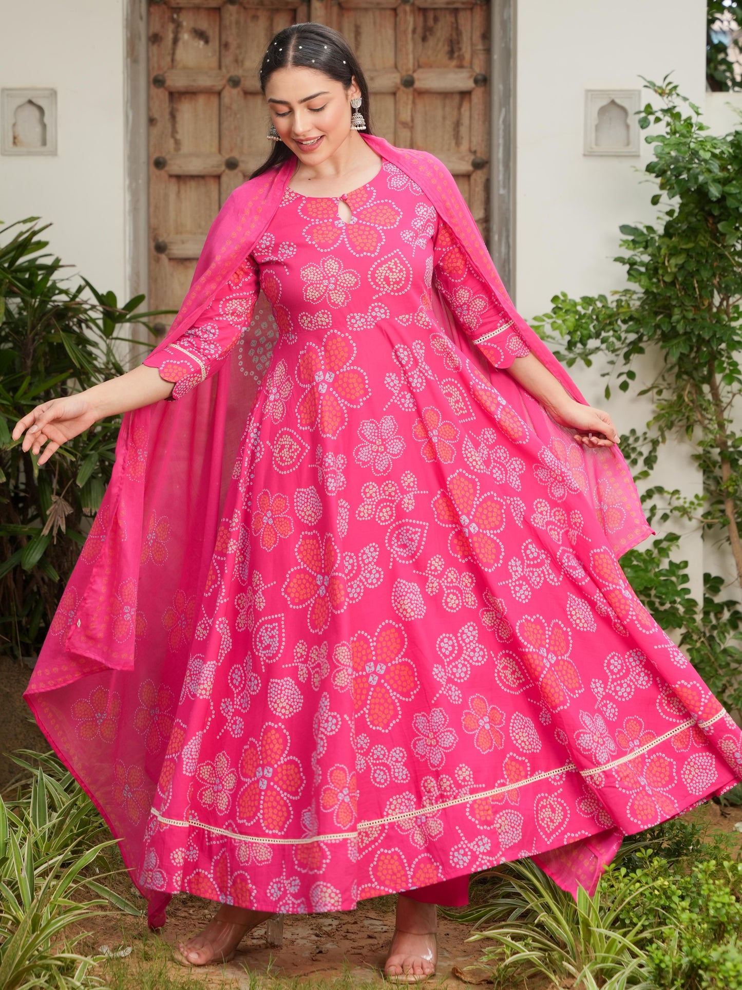 Soft Cotton Bandhani Anarkali Pink Kurta