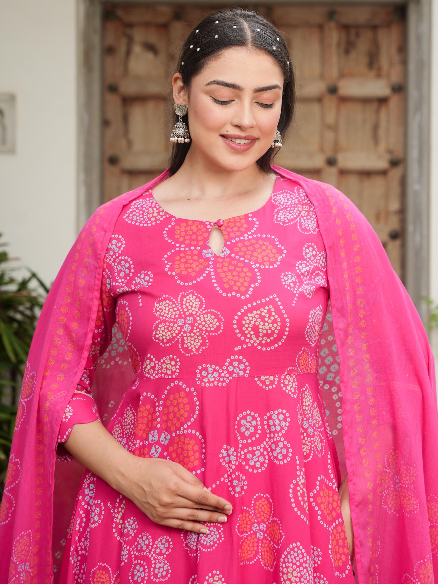 Soft Cotton Bandhani Anarkali Pink Kurta