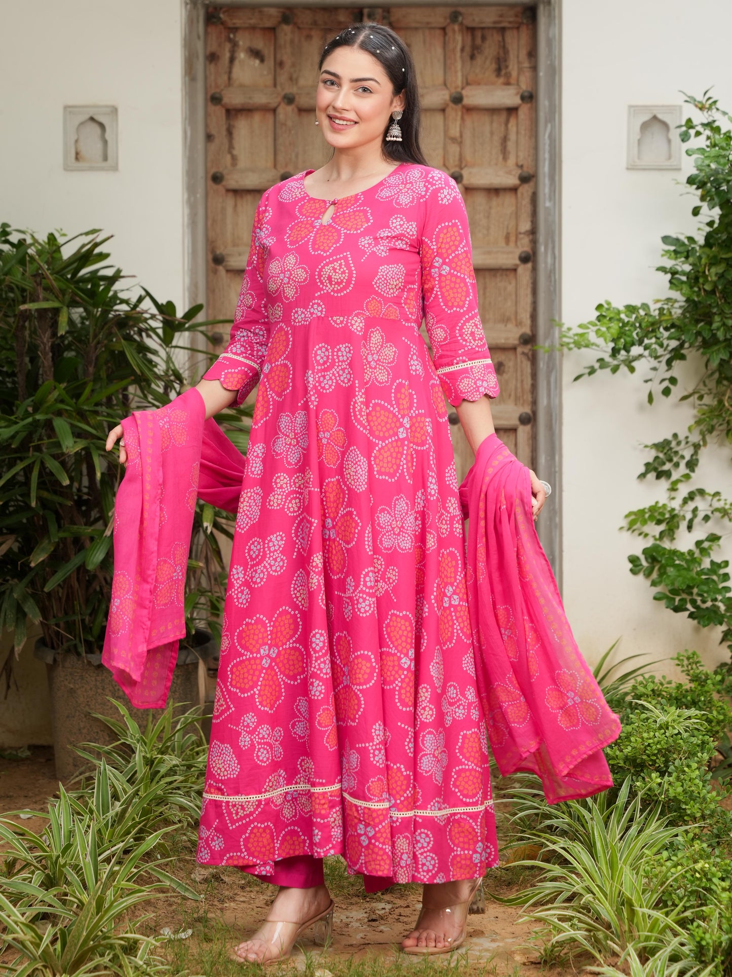Soft Cotton Bandhani Anarkali Pink Kurta