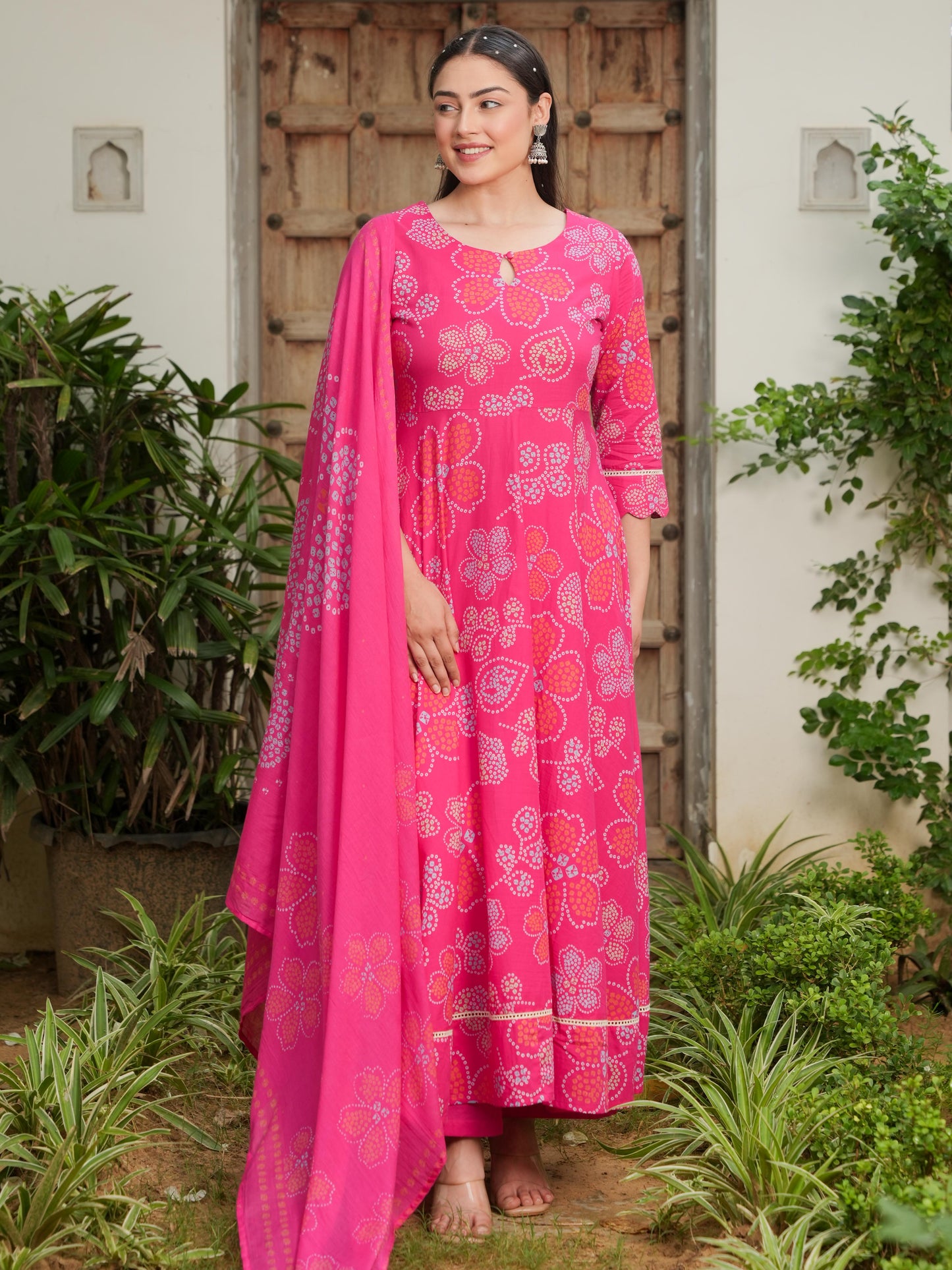 Soft Cotton Bandhani Anarkali Pink Kurta